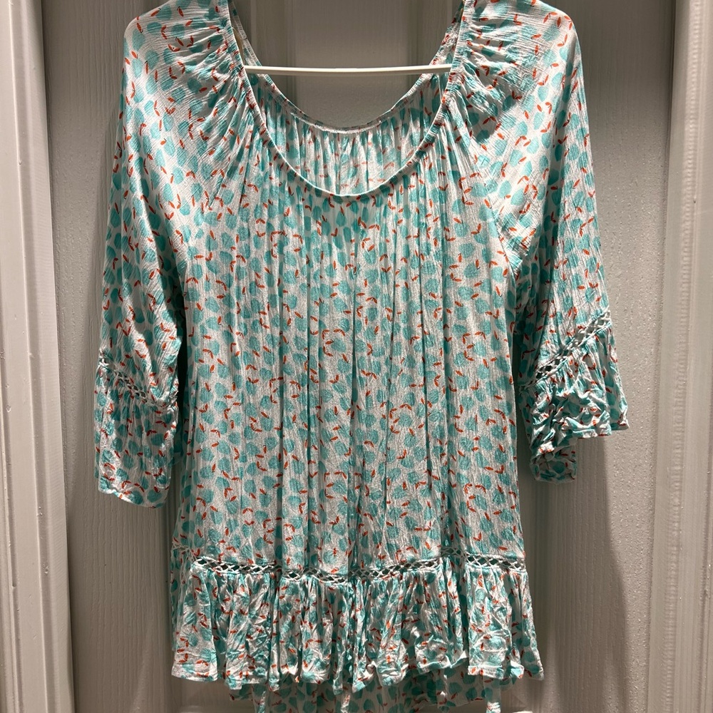 LOFT Aqua and Peach Patterned Blouse